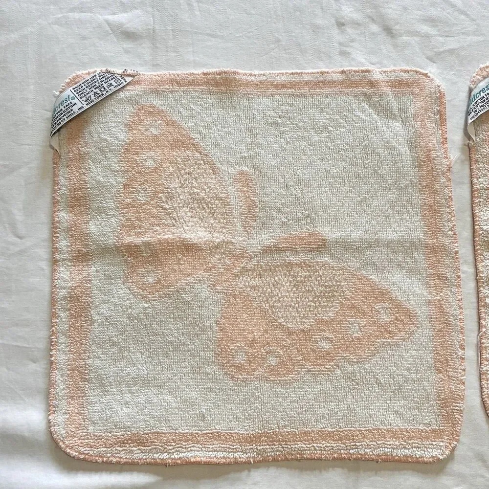 Vintage Fieldcrest Washcloth Face Towel Set of 2 Peach White Butterfly